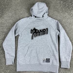 AND1 Hoodie Mens Small Heather Gray Pullover Embroidered Basketball Fleece Logo